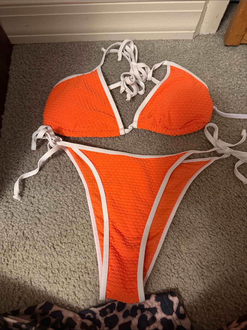 Orange Textured Tie-Side Bikini Set with White Trim